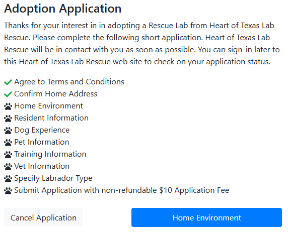 Application checklist showing progress tracking